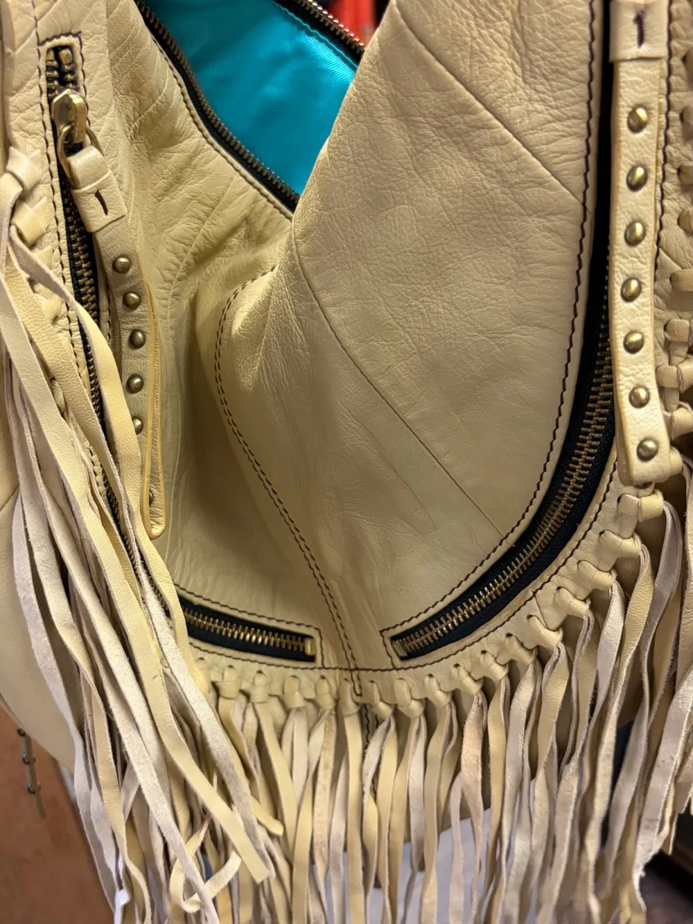 Oryany O by Oryany Cream Leather Fringe Studded Hobo Shoulder Bag